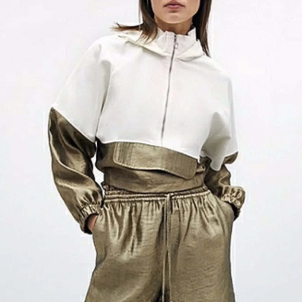 Zara Gold White Streetwear Drawcord Shiny Effect Cropped Hooded Jacket Size XL